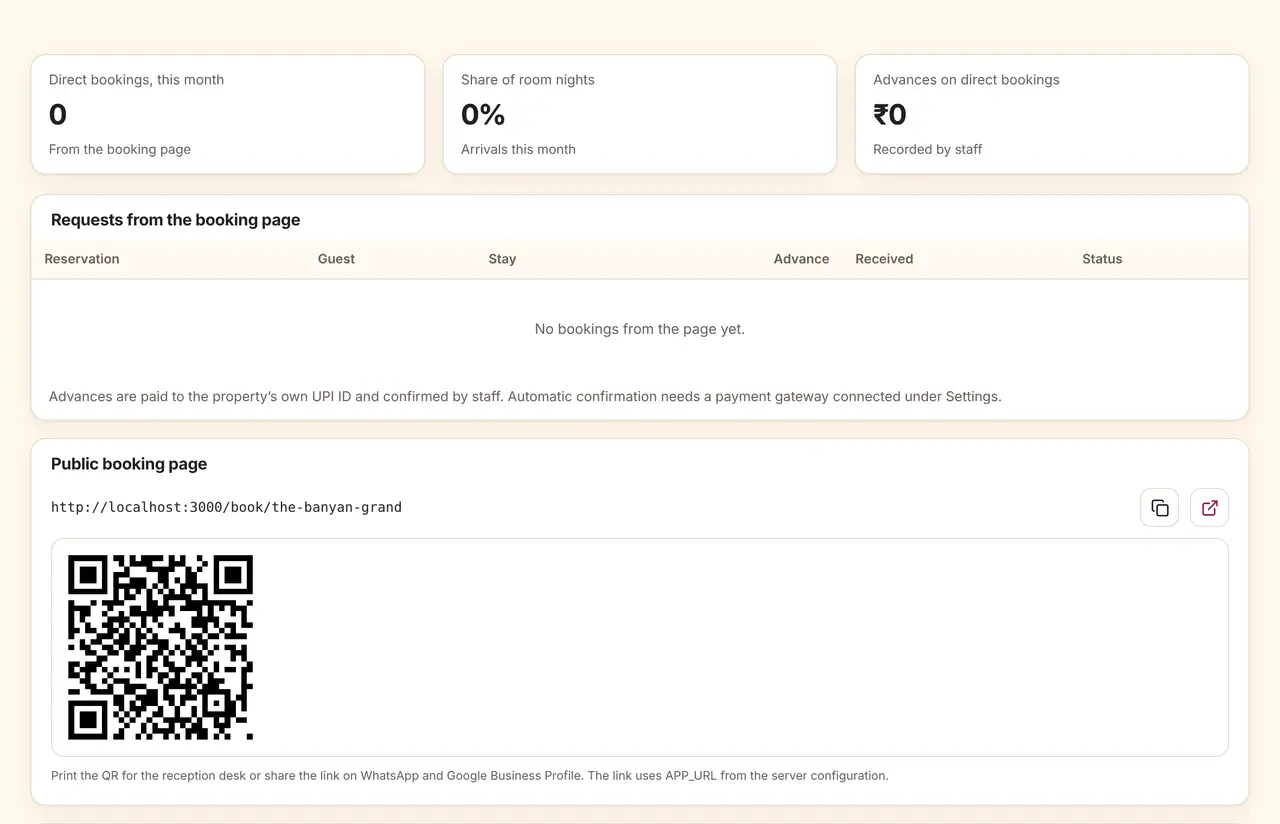 Direct booking engine settings and booking page link