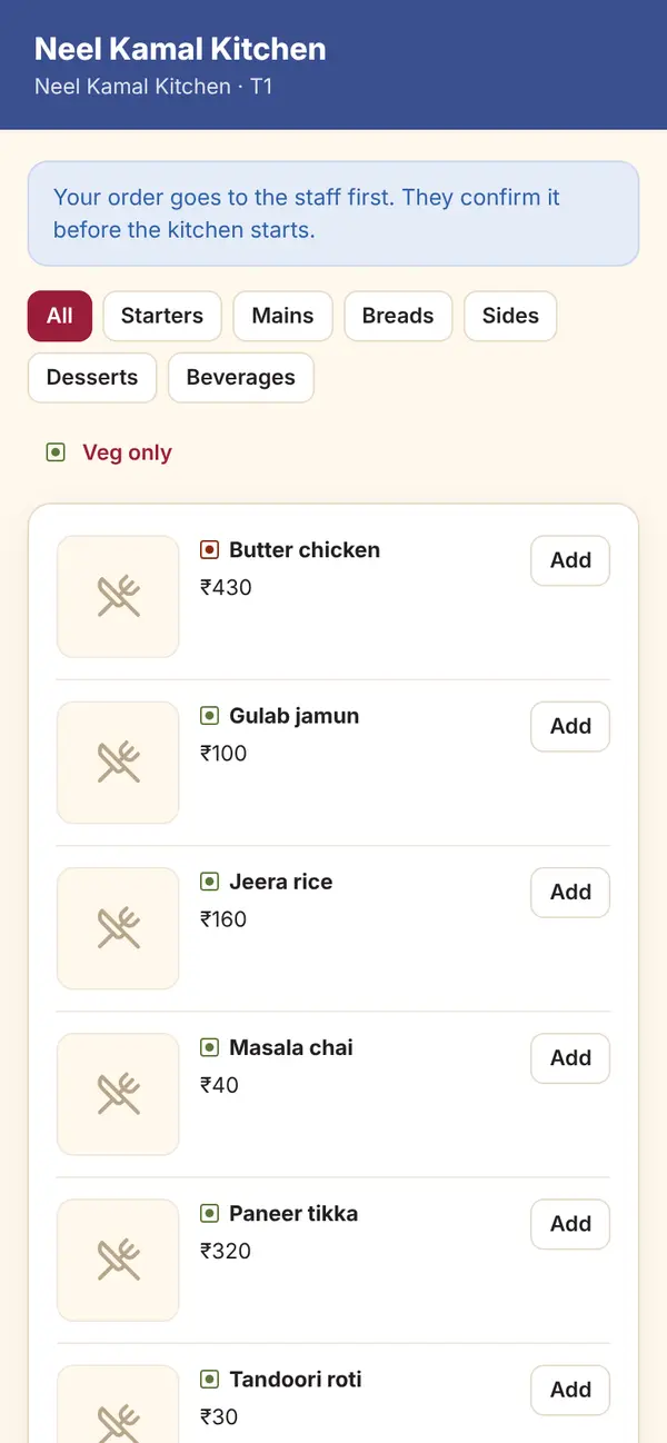 Guest QR menu at table T1