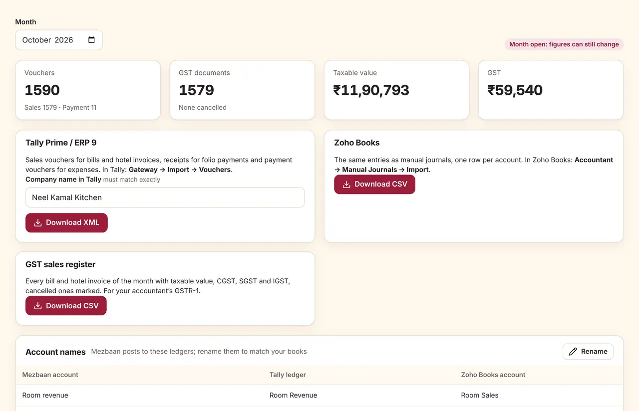 Tally and Zoho Books export screen