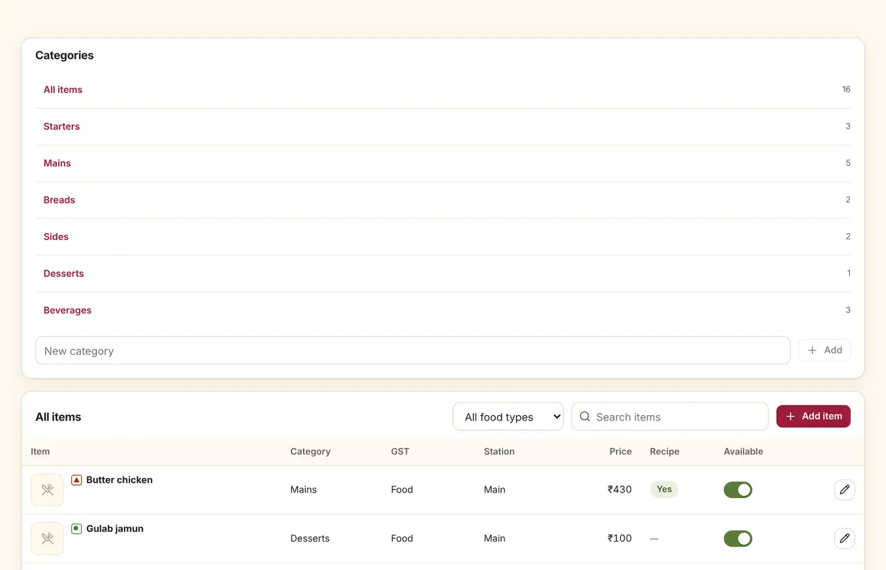 Menu and tables setup with kitchens and routing