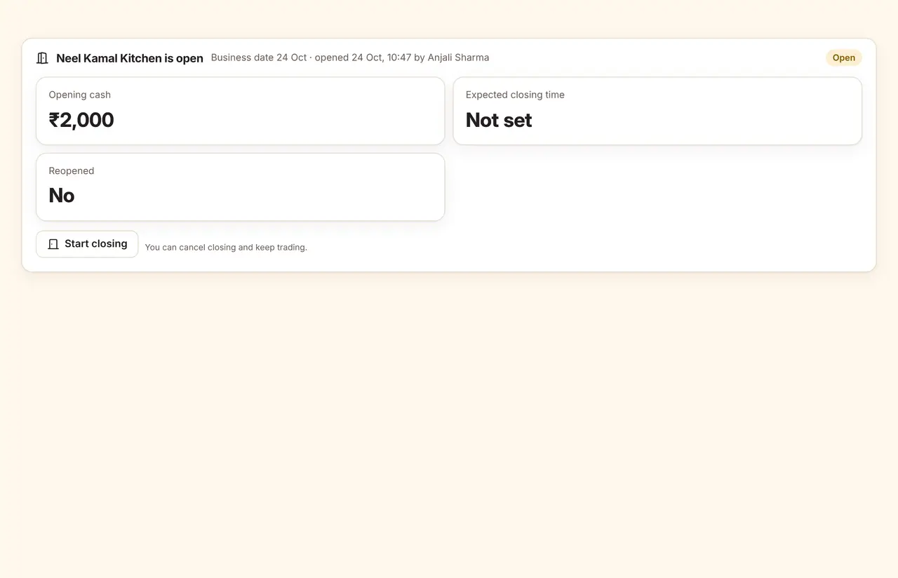 Store open and close screen with the current session and closing checklist