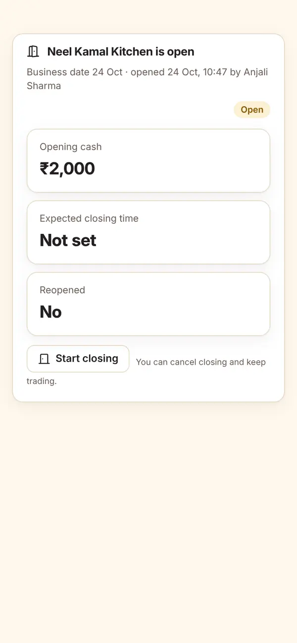 Store open and close screen with the current session and closing checklist